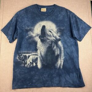 Vintage The Mountain Shirt Men XL Blue Wolf Moon Howling Y2K Streetwear‎ USA